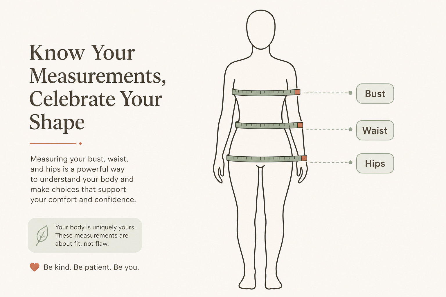 Figure outline with a measuring tape marking level bust, waist, and hip bands