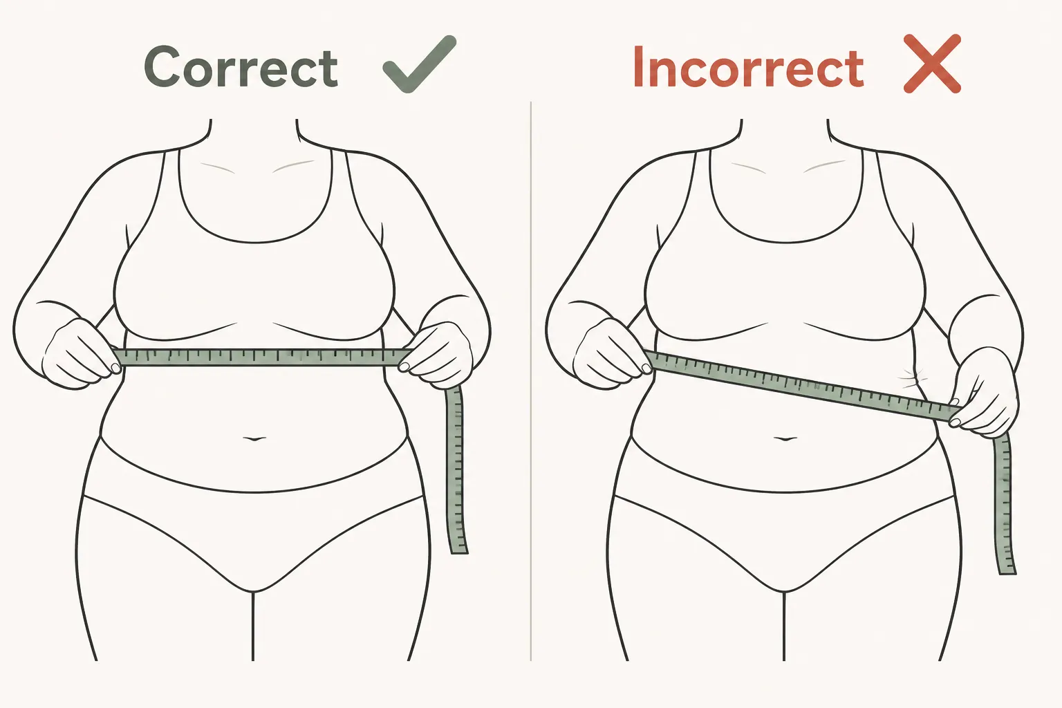 Side-by-side comparison of a measuring tape held level (correct) versus angled and pulled tight (incorrect)
